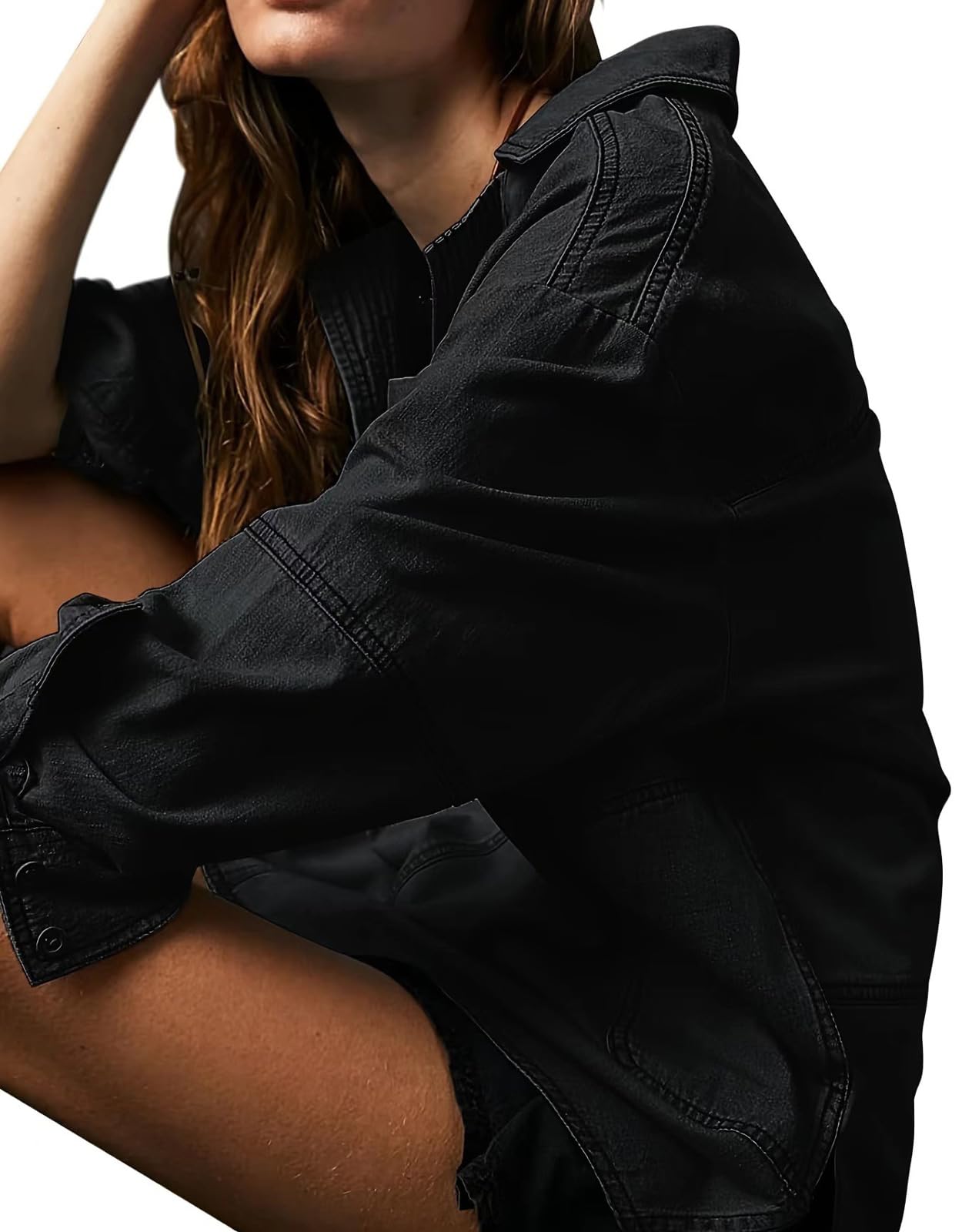 loveimgs Lässiger Langarm-Denim-Pullover für Damen, Jeanshemd, V-Ausschnitt, übergroßes Denim-Shirt, Kapuzen-Sweatshirt