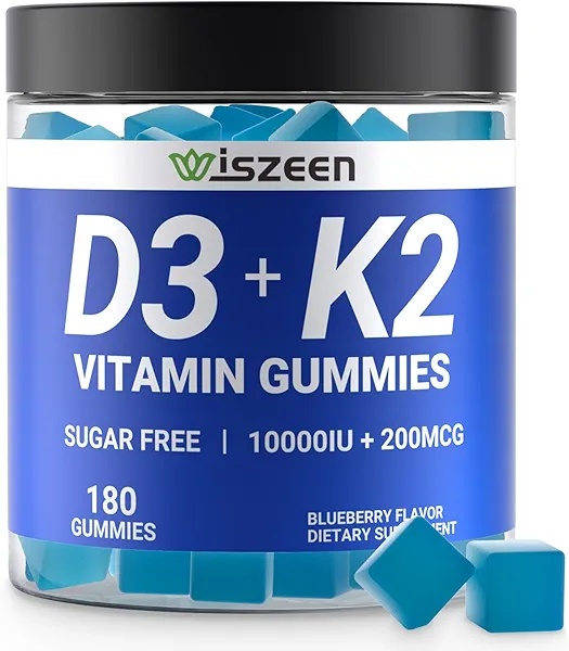 Wiszeen Sugar-Free Vitamin D3 K2 Gummies, Vitamin D3 10000iu & Vitamin K2(MK7) 200mcg with Calcium, Magnesium, Vitamin B12 for Bone Muscle Teeth Immune, Vegan