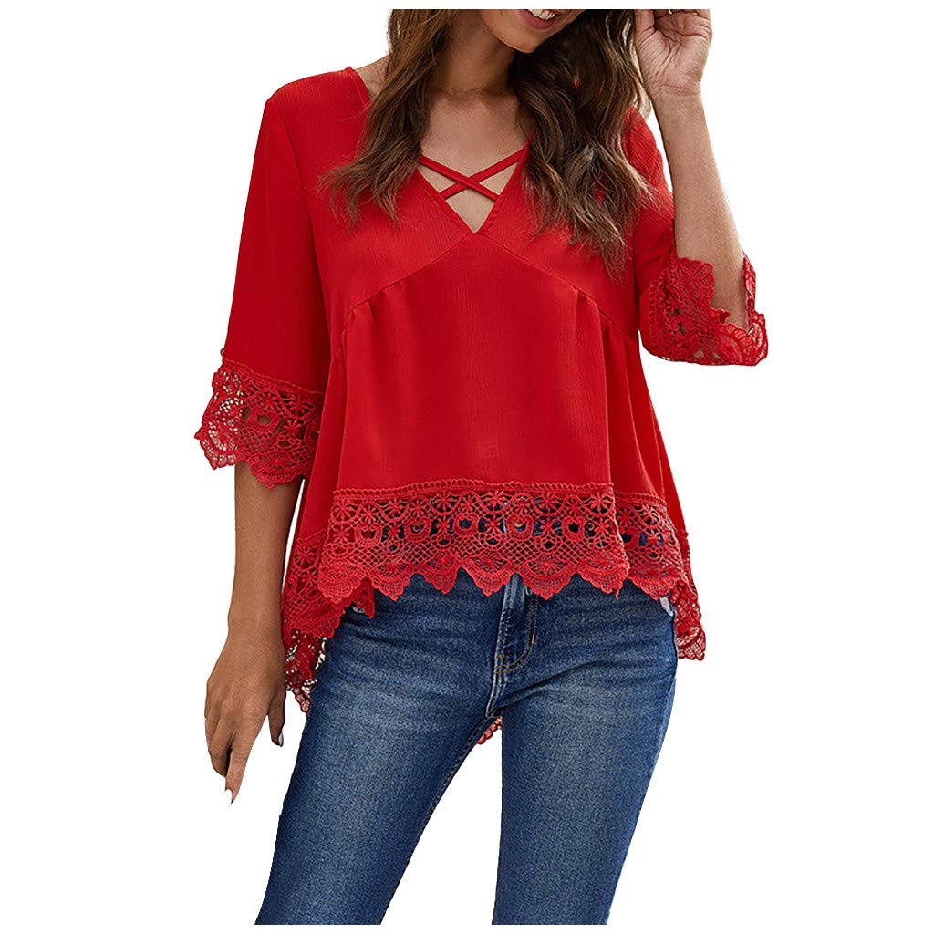 Avisage Fashion Women Short-Sleeved O-Neck Print Short Sleeve Loose T-Shirt Chiffon Lace cutout Soft Blouse