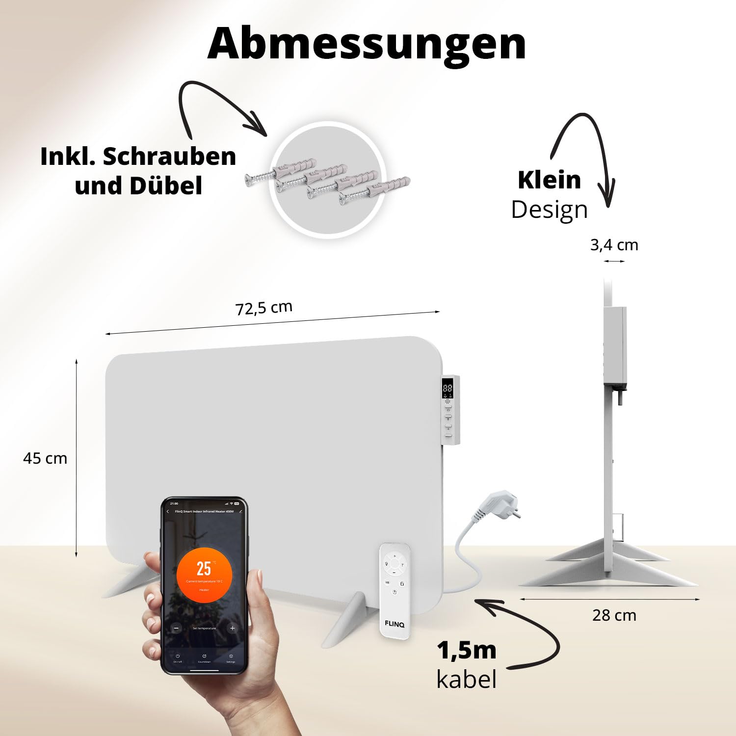 FlinQ 450W Smarte Infrarotheizung - Elektrischer Heizkörper | Infrarot Wandheizung & Standgerät - Elektroheizung für Badezimmer - Mit Thermostat - Weißes Panel