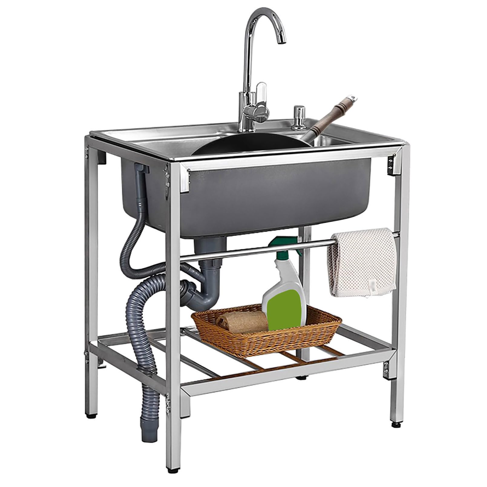 Lavello di Servizio in Acciaio Inox autoportante a Vasca Singola per cucine Commerciali, postazione di Lavaggio e Pulizia, lavabo con ripiano portaoggetti, Vasca per Lavanderia per