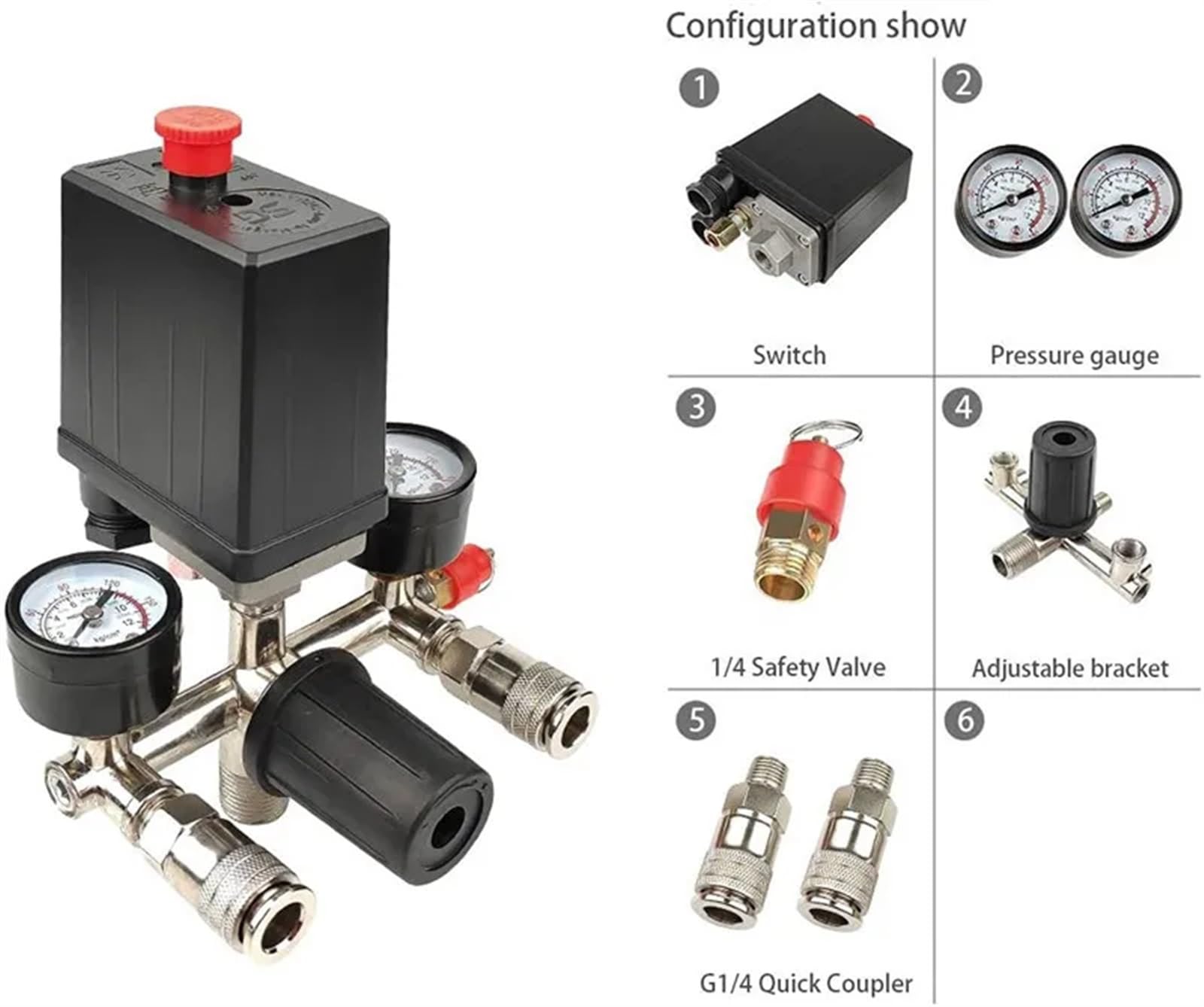 Bomba de compresor Aire 220V/380V 90-120 PSI con Interruptor presión, válvula Control, regulador Alivio del colector manómetro(220v)