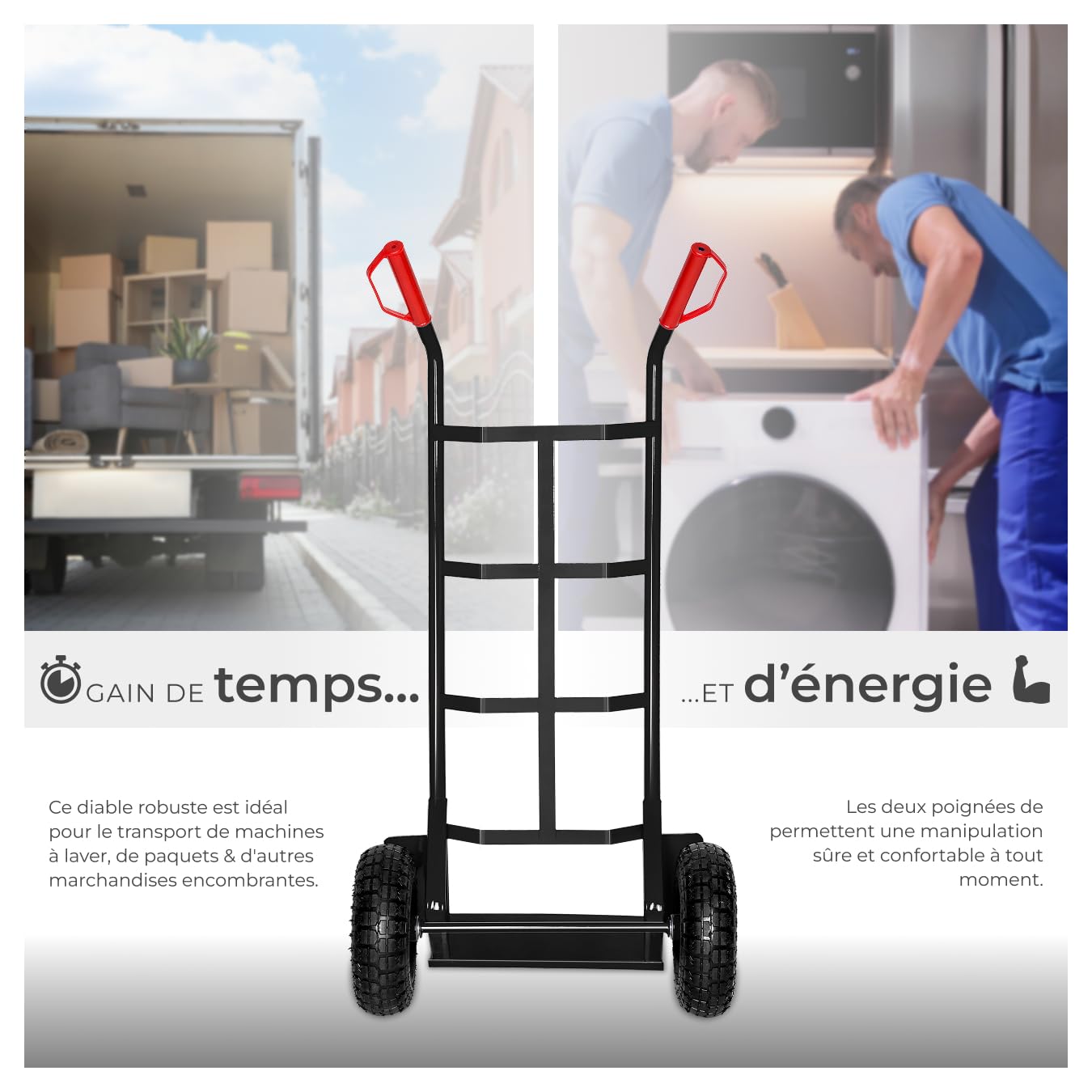 tectake® Diable Chariot de Transport Max. 200kg Pneus Tout Terrain Solides Diable demenagement escalier manutention Kit déménagement pour Maison Bureau Salon Professionnel Voyages