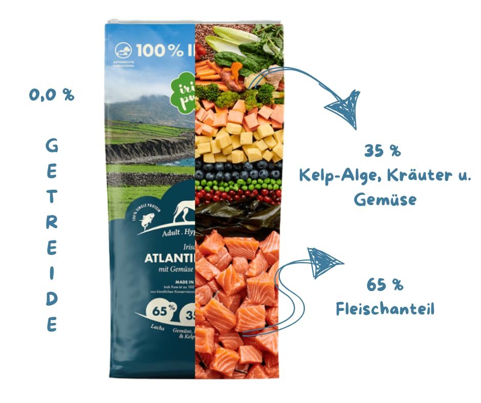 Irish Pure Adult - Atlantik Lachs 12kg + Rinderschulterblatt - Getreidefreies & Hypoallergenes Trockenfutter - Premium-Hundefutter + Snack im Vorteilspaket - Sparpaket - Trockenfutter und Leckerli Mix