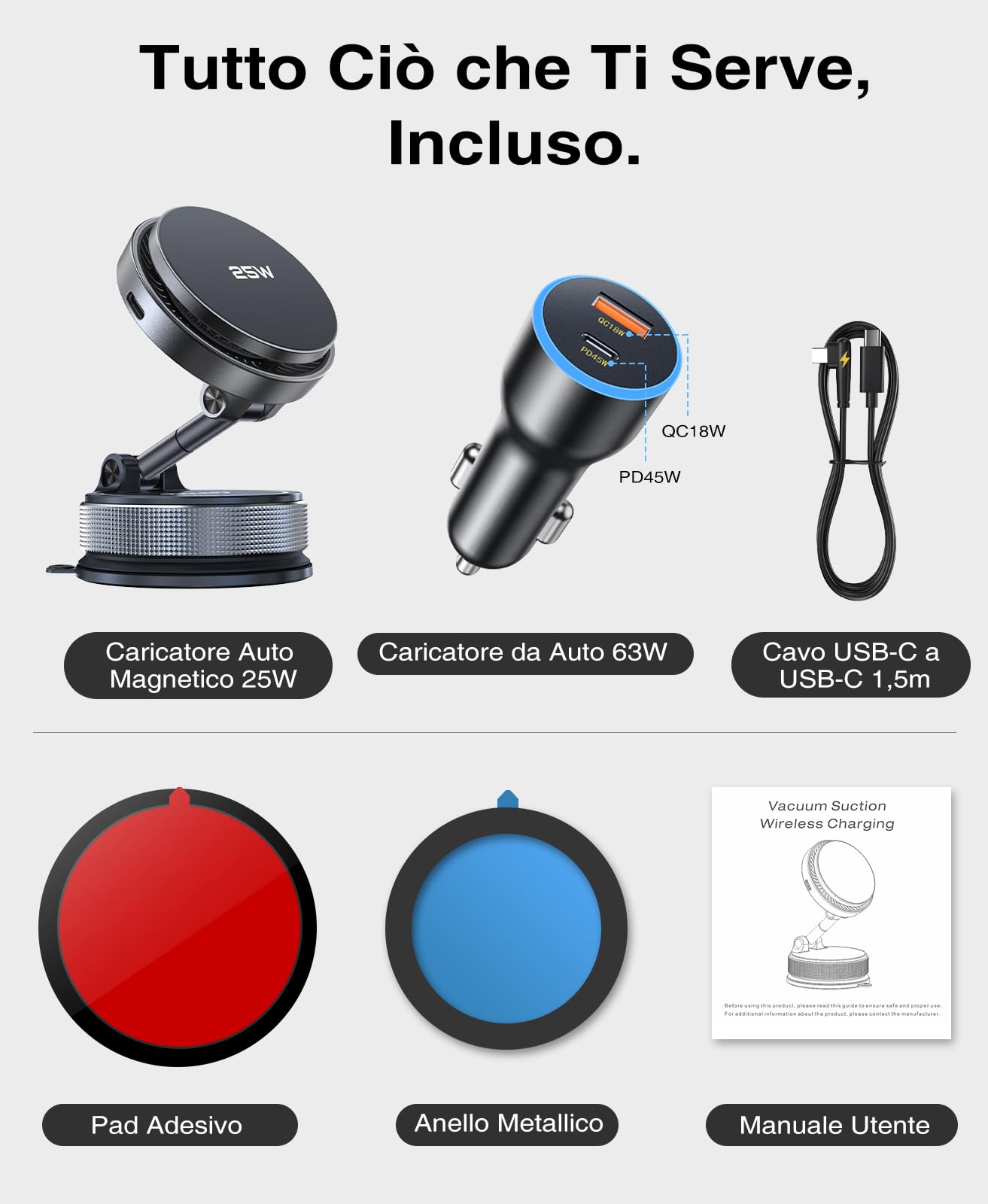 Beeasy Qi2.2 25W Caricatore Wireless Auto per MagSafe con Ventola Raffreddamento, Ventosa a Vuoto Ultra Potente Rotazione 360°, Porta Cellulare Auto Magnetico con Adattatore 63W per iPhone 17-12