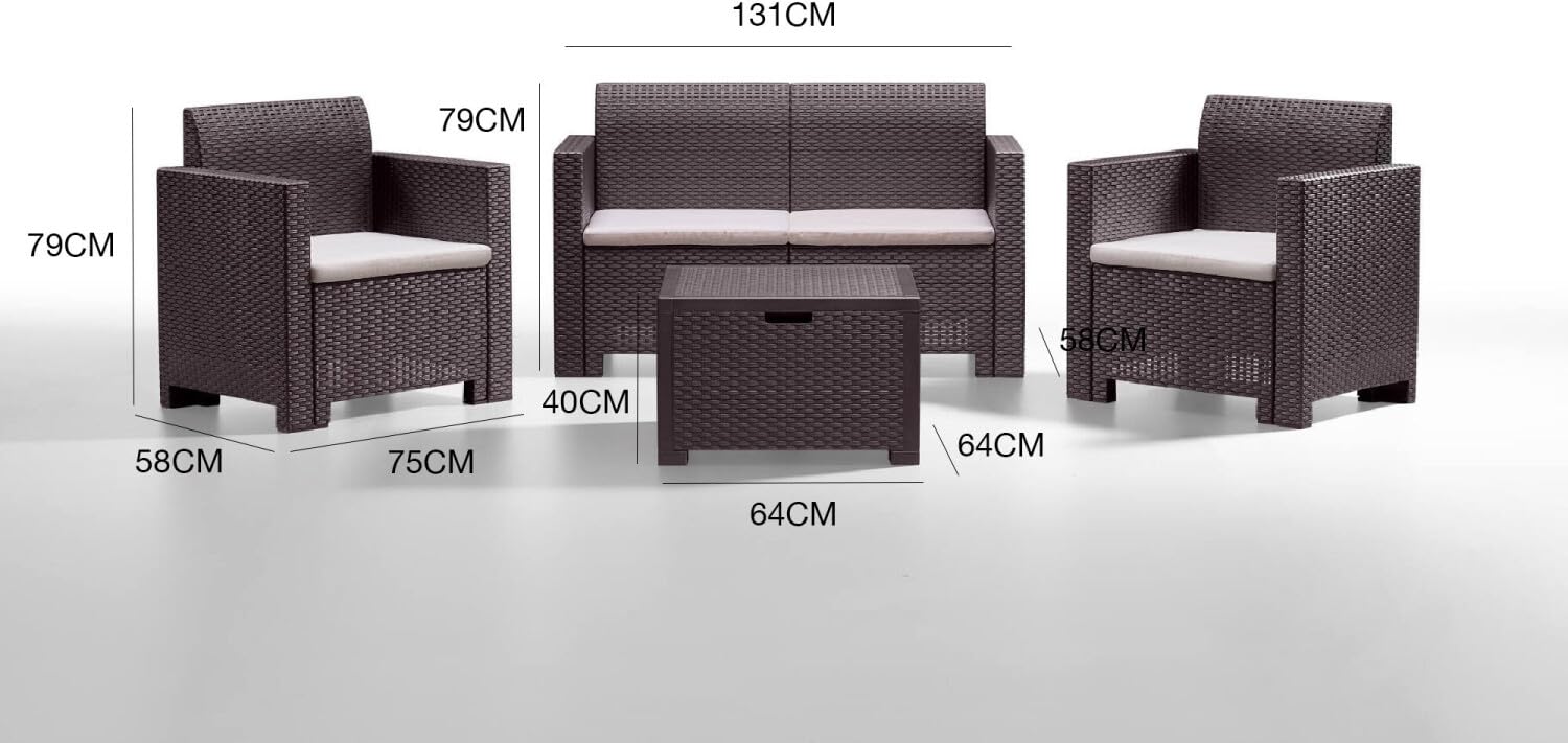 BERARDI Salon de jardin en polypropylène rotin, marron, 4 places, avec coussins, canapé, 2 fauteuils et table basse de rangement