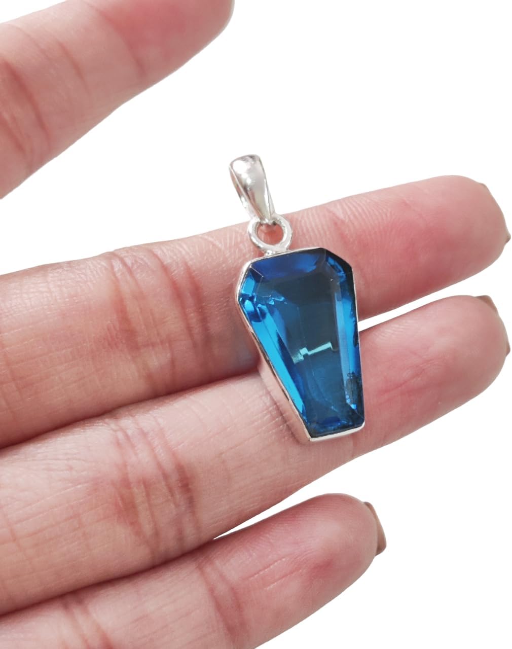 Generic Blue Topaz Pendant, Natural Blue Topaz, December Birthstone, Womens Pendant Necklace, 925 Sterling Silver, Coffin Shape Pendant