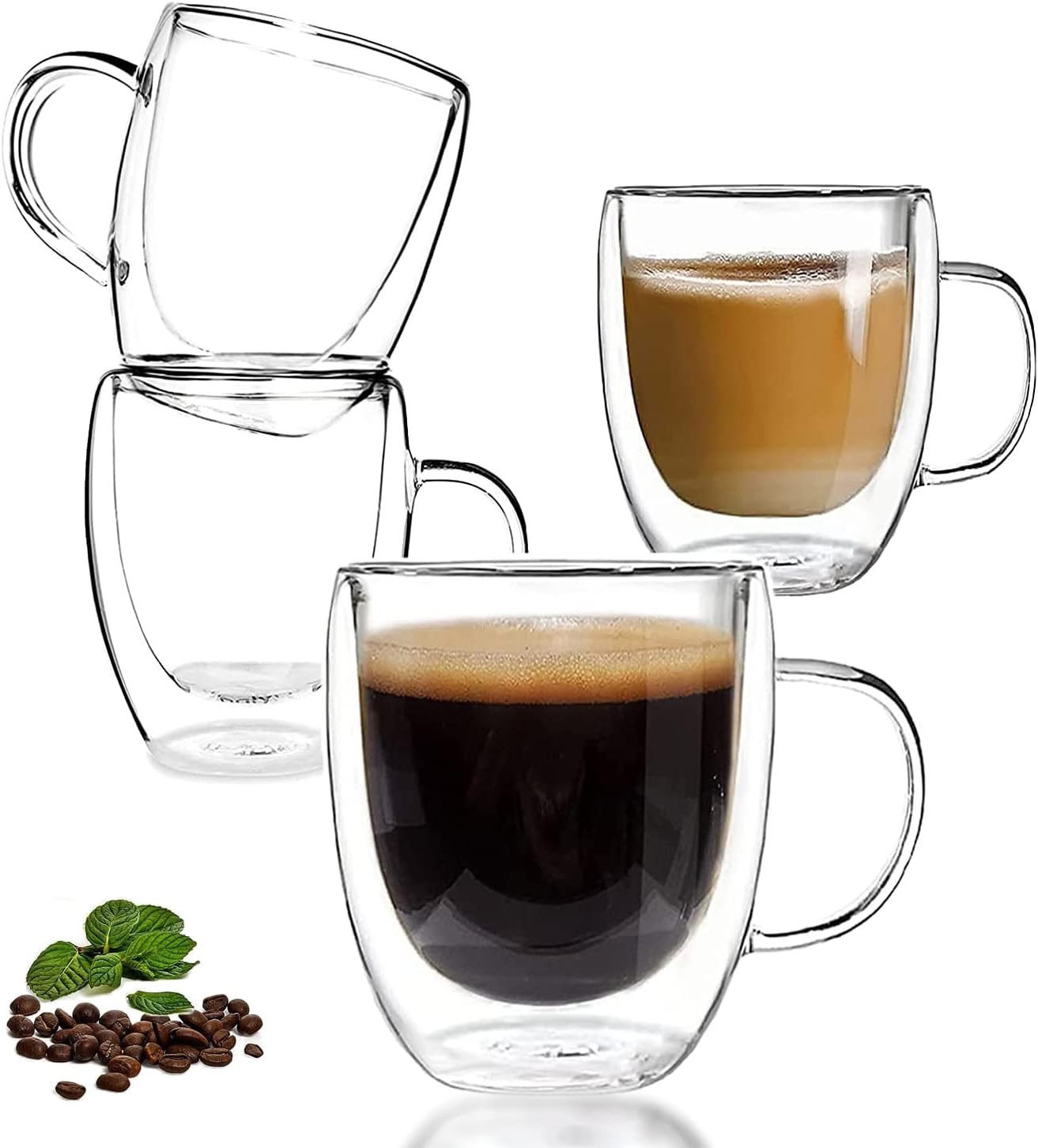Double Wall Glass Coffee Mug, 12 oz Clear Insulated Tea Cup Set of 4, Drinking Cups With Handle for Cold/Hot Drinks, Latte, Cappuccino, Espresso