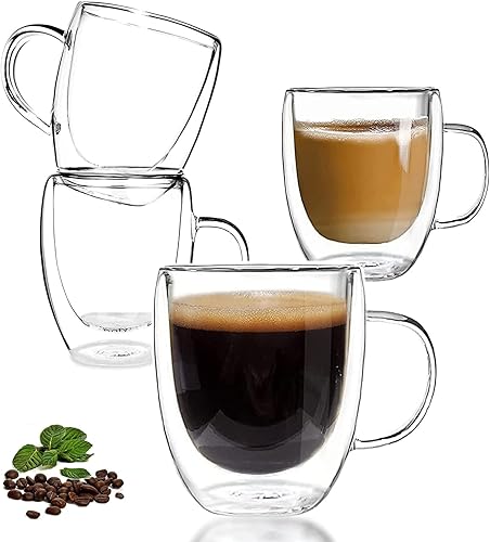 Glass Coffee Mugs 4 packs Large Clear Coffee Mug 350Ml Double Wall Tea Cup with Handle Glass Mugs Double Wall Insulated Glass Coffee Mugs Latte