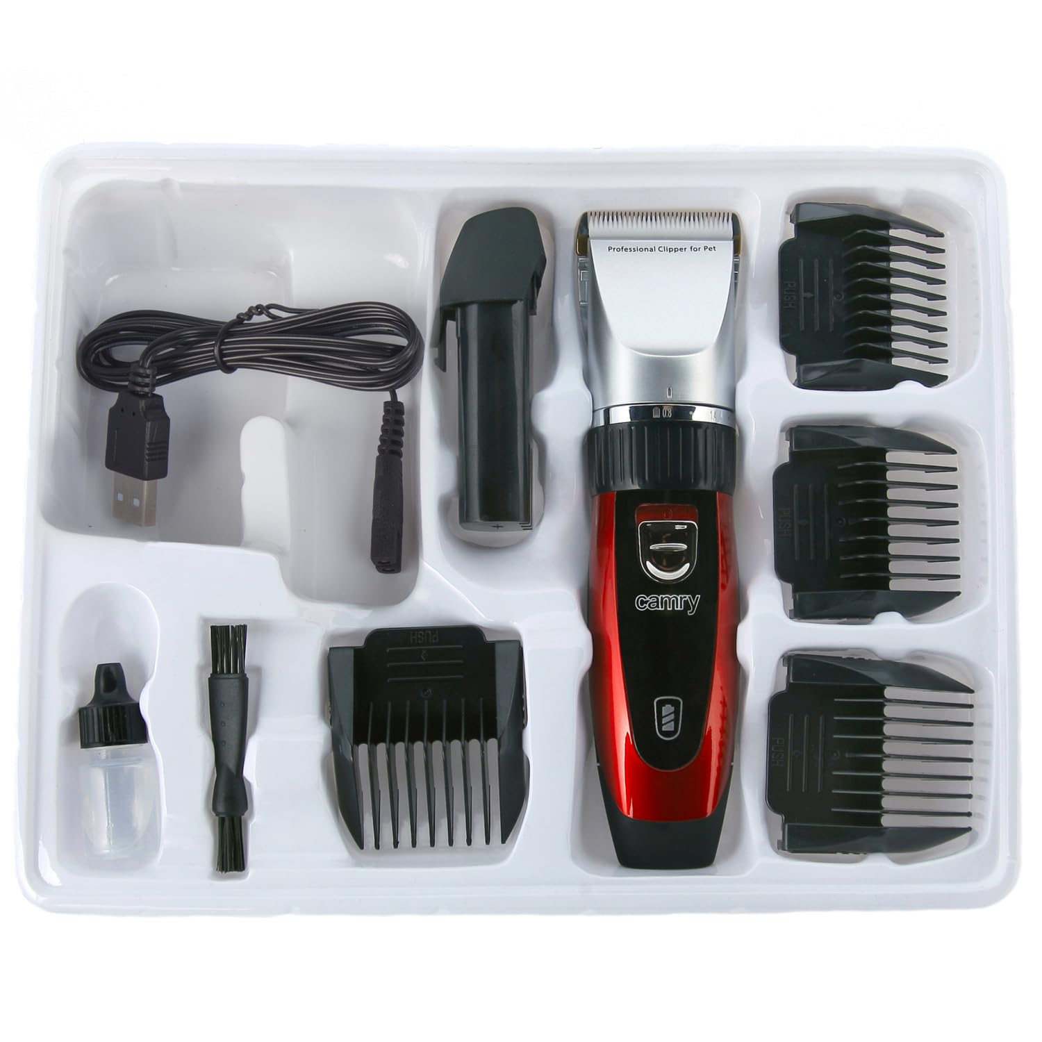 Camry CR 2821 Cortapelos para Mascotas, Perros, Gatos, Profesional, cabezal titanio, cuhillas cerámicas, inalámbrica 2 x bateria recargable, bajo Ruido y Vibración, 4 Peines para Pelo Rizado, Ondulado, Largo de Animales, 35W