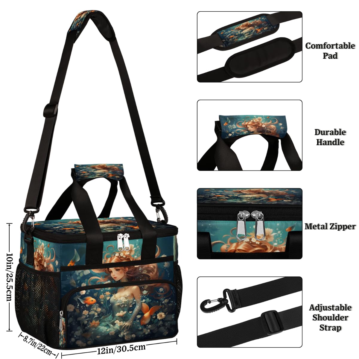 Mermaid Insulated Picnic Backpack Lunch Box for Women Men Picnic Basket Tote Lunch Bag Picnic Bag Portable Lunch Bags for Picnic, Beach, Work, Trip,Office, Camp Pretty Mermaid Princess