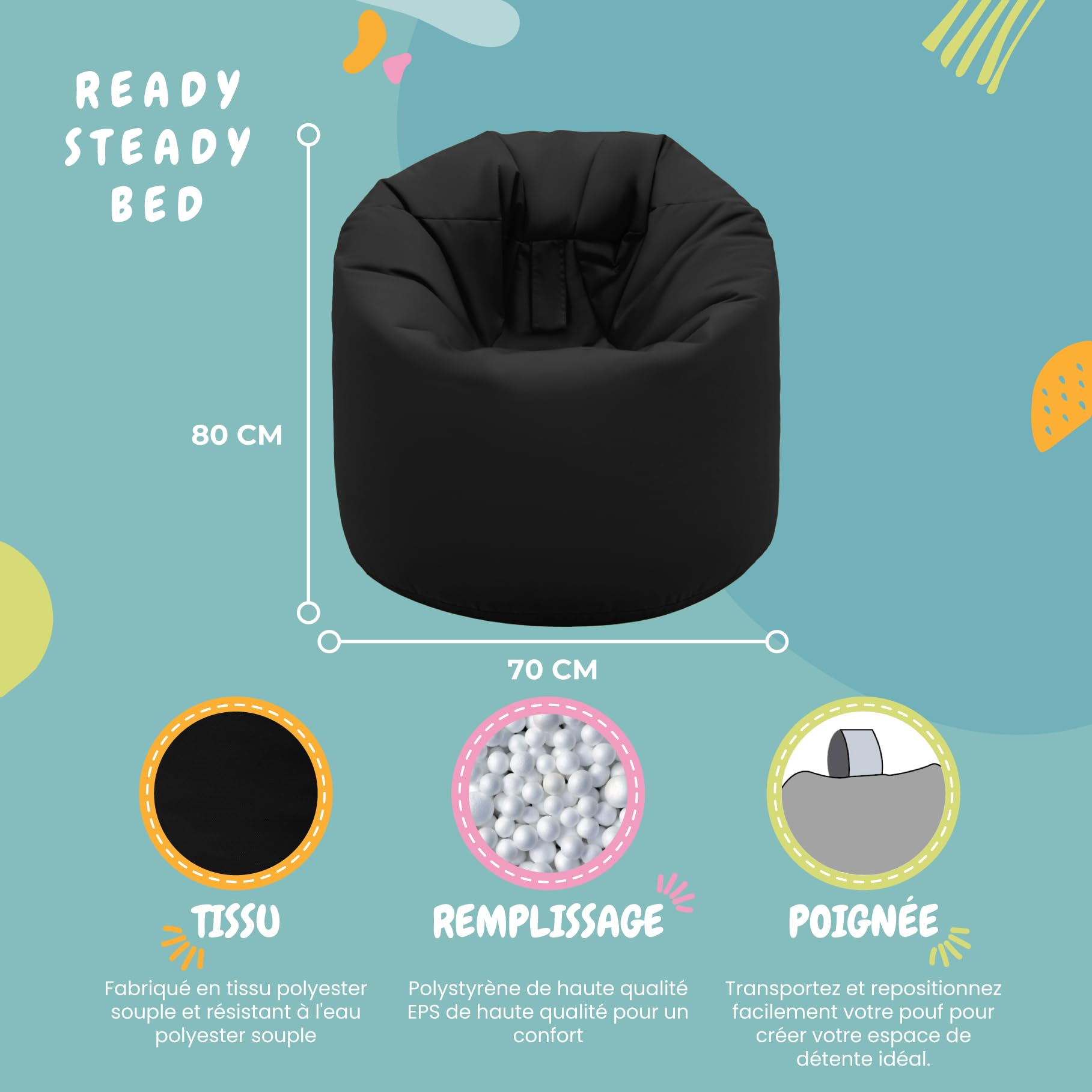 Poltrona Sacco Pouf da Giardino, Puffo per Sedersi Bambini e Adulti, Resistente all'acqua, Nero