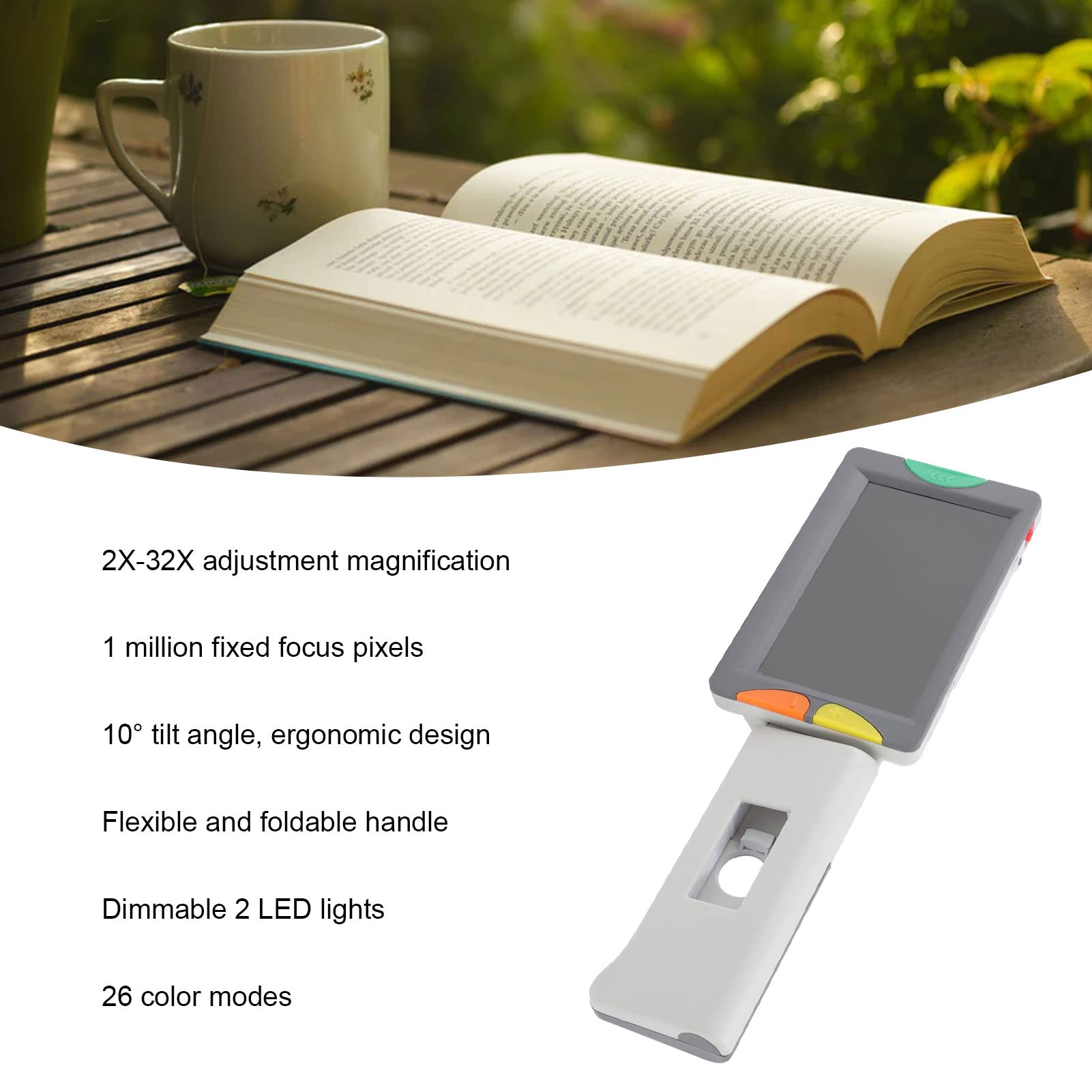 Cryfokt Lupa Digital Portátil, Pantalla LCD de 4,3 Pulgadas, Zoom de 2X a 32X, 26 Modos de Color, Enfoque Fijo, con Plegable y Luces LED Regulables, para Estudiantes de Edad Avanzada con (Enchufe de
