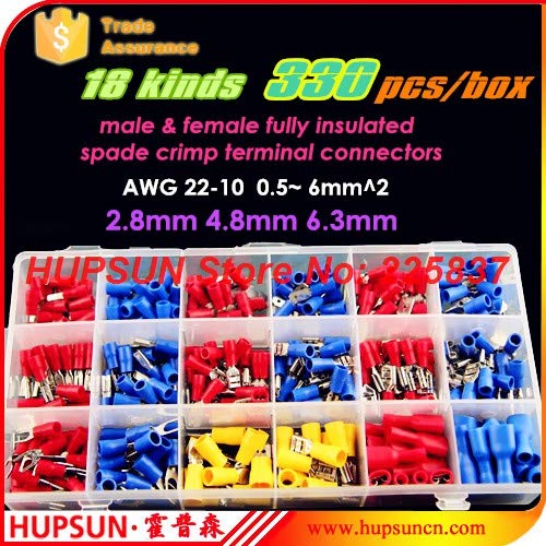 Davitu 330pcs 18kinds 0.5-6mm2 2.8mm 4.8mm 6.3mm AWG 22-10 male female fully insulated spade crimp terminal connector kit