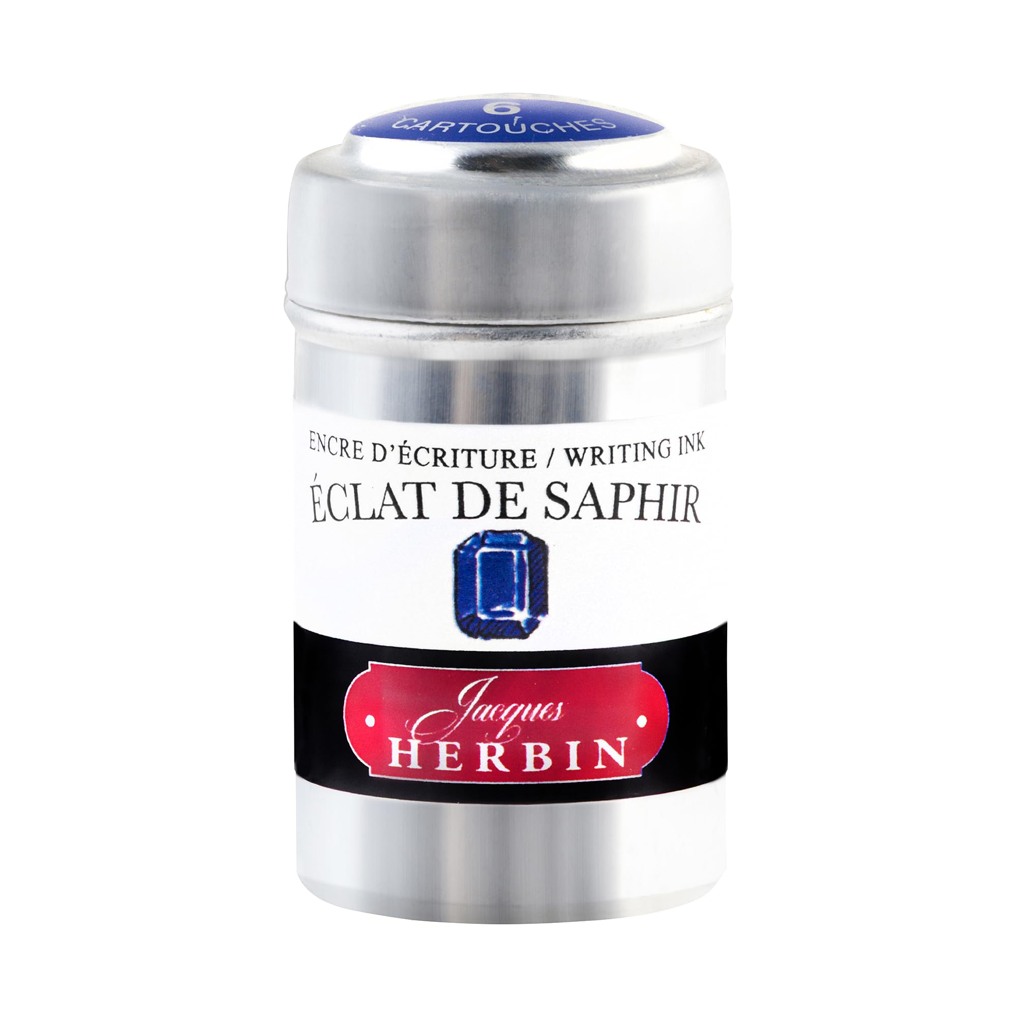 Jacques Herbin 20116T - A box of 6 ink cartridges for fountain pens and rollerball pens (packaging-free product - zero waste objective), Eclat de saphir