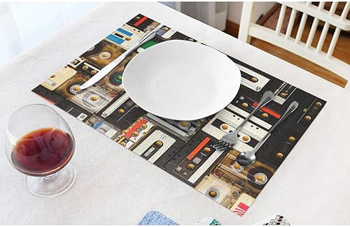 Miniatura 2 de Moslion Juego de 4 manteles individuales de 12 x 18 pulgadas con diseño vintage de cassette, manteles individuales de algodón y lino para comedor,