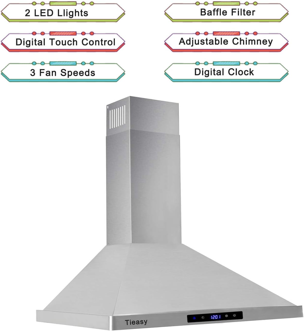 Crazy Deals Wall Mount Range Hood 30 inch Kitchen Hood 700 CFM with Ducted/Ductless Convertible Duct, Touch Control, Permanent Filters, Stainless Steel, 3 Speed Exhaust Fan, LED Light, Tieasy