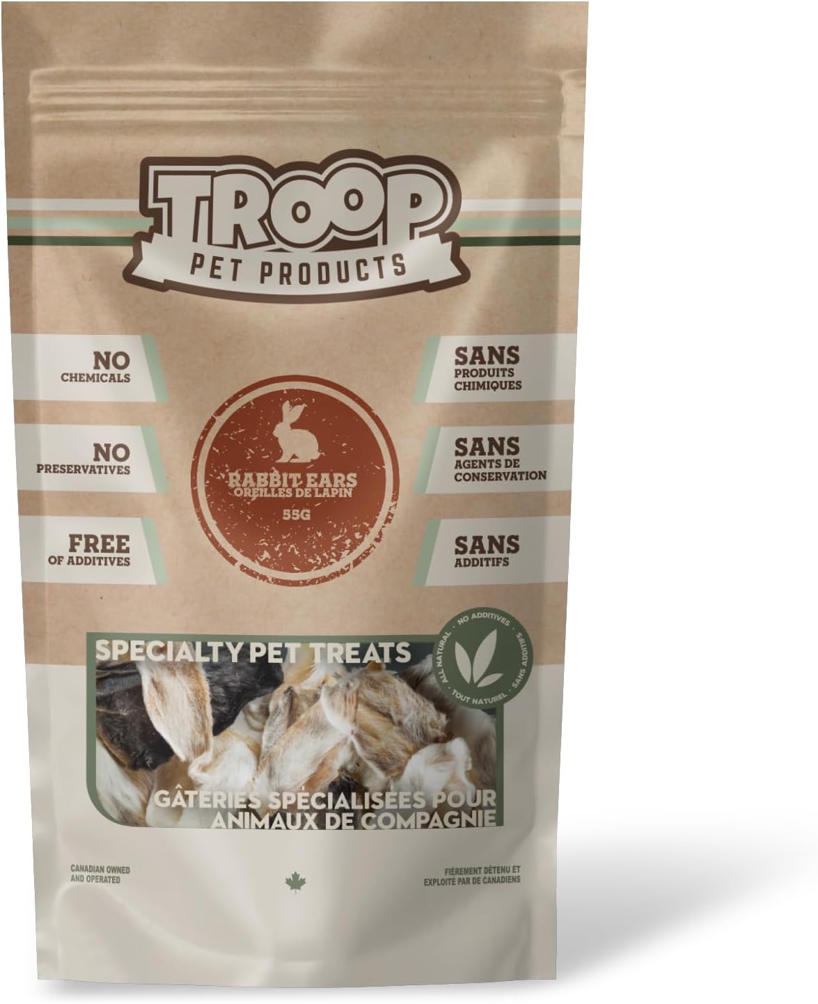 Troop Pet Products, All-Natural Canadian Dehydrated Rabbit Ears, Full of Fibre, 55g Pouch