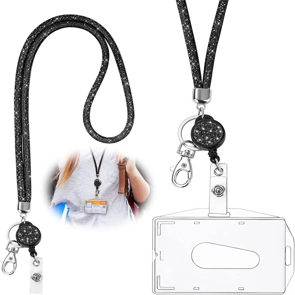 Azonee Lanyard Necklace with Transparent ID Card Holder, Crystal Lanyard for Key Chain, Badge Kit, Durable ID Holder for Office and Events