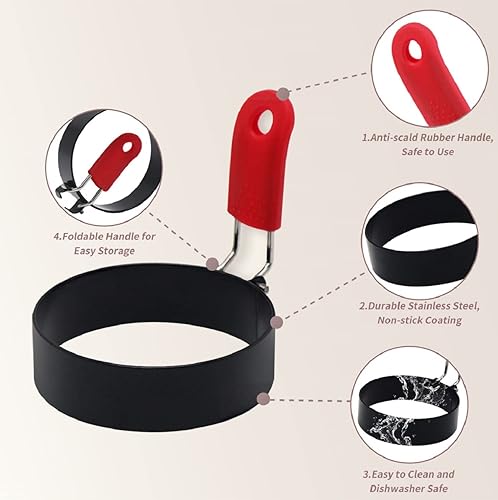 Miniatura 5 de JANNO 6 moldes para panqueques, anillo de huevo, anillos de cocina de metal recubierto de negro antiadherente con mango antiquemaduras de silicona