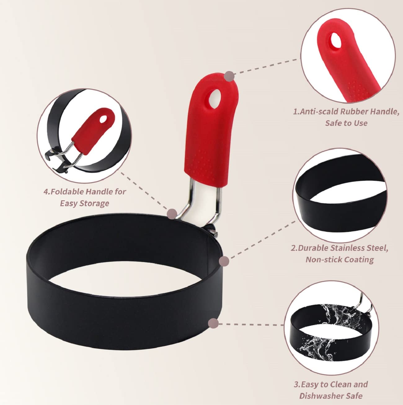 6 moldes para panqueques, anillo de huevo, anillos de cocina de metal recubierto de negro antiadherente con mango antiquemaduras de silicona para plancha, huevos de sándwich de bricolaje, 5