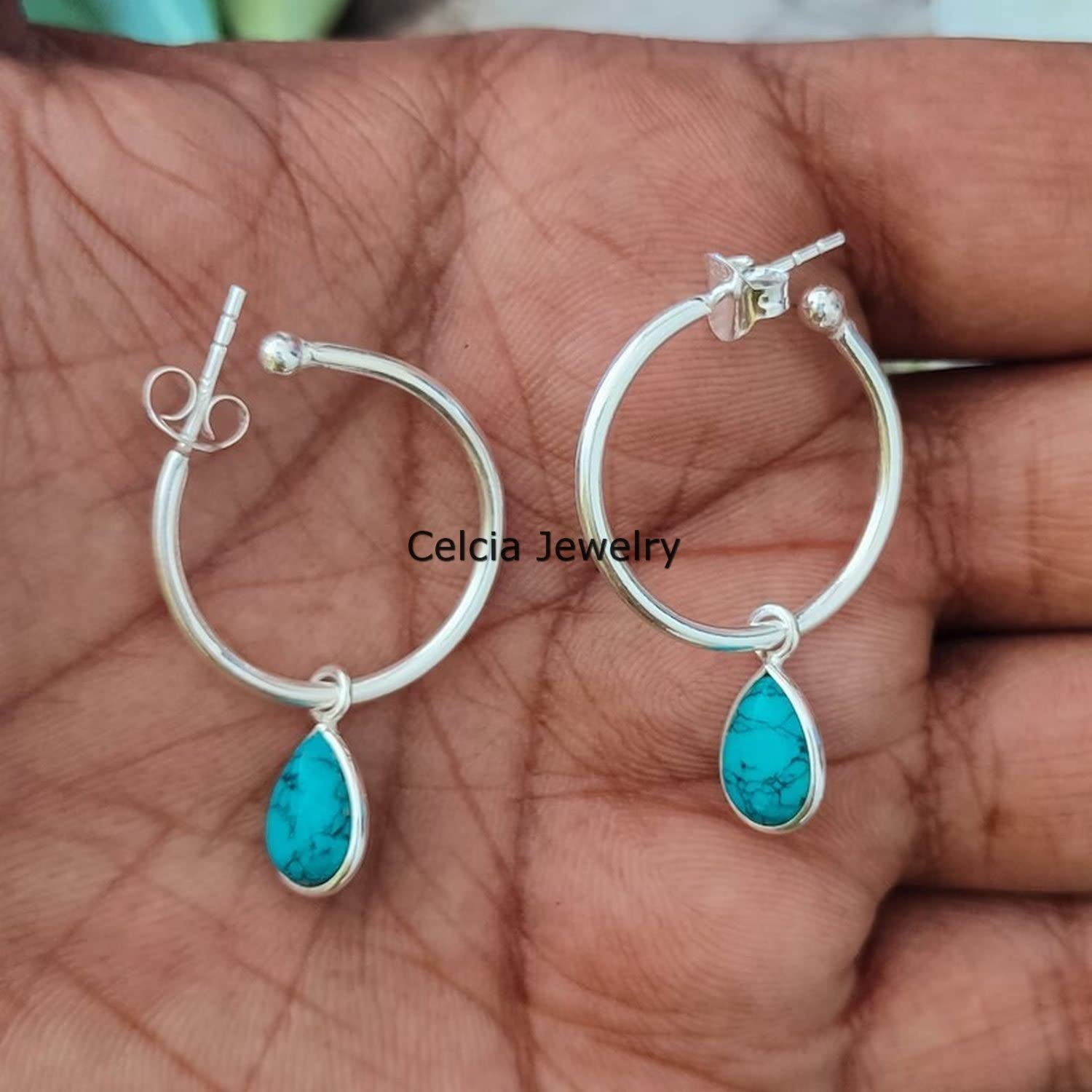Pendientes de aro con forma de círculo de Plata de Ley 925 auténtica para mujer, piedra preciosa de pera turquesa Natural, joyería hermosa con piedra natal de diciembre