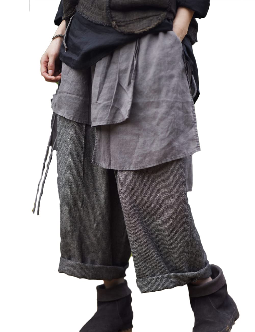 NFYM Women Wide Leg Pants Linen Irregular Patch Layered Elastc Waist Loose Vintage Patchwork Retro Cropped Trousers