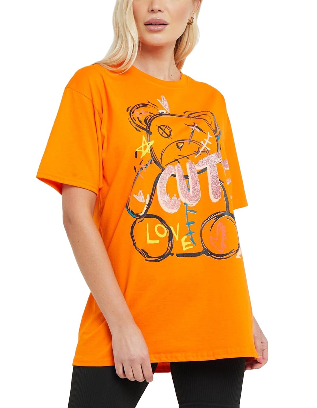 Asfashion Online Women's Orange Short Sleeve Cute Bear Printed T Shirt Crew Neck Oversized Summer Tops ( Uk 8-10)