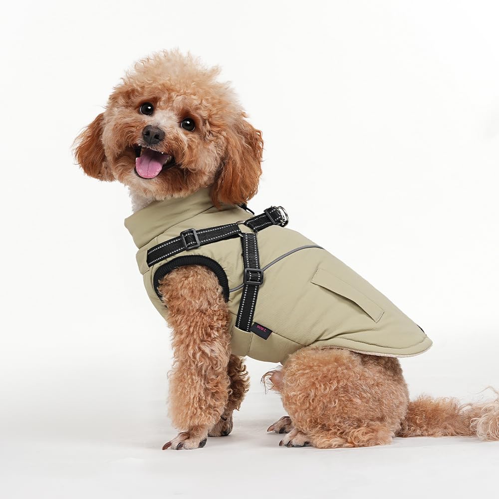 Dog Coat with Harness, Waterproof Winter Jacket Warm for Large Dogs,Khaki L