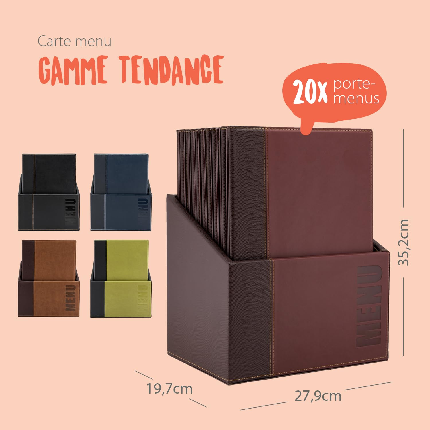 SECURIT - Box de 20 Cartes Menu A4 Gamme Trendy avec Boîte | Simili-Cuir - Insert Double 4 Pages Inclus - Couleur Bordeaux