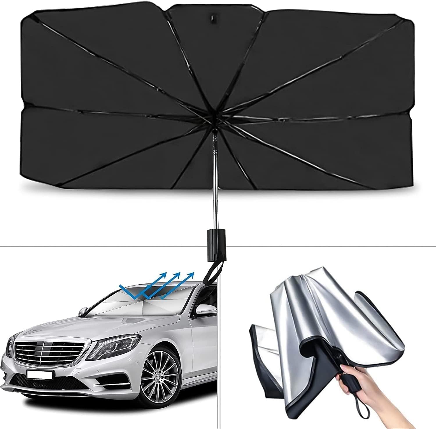 Parasole Auto Parabrezza Interno, Ombrello Parasole Auto Pieghevole, Blocca il 99.9% dei Raggi UV, per Auto, SUV, Camion, Autocarri (140x79cm)