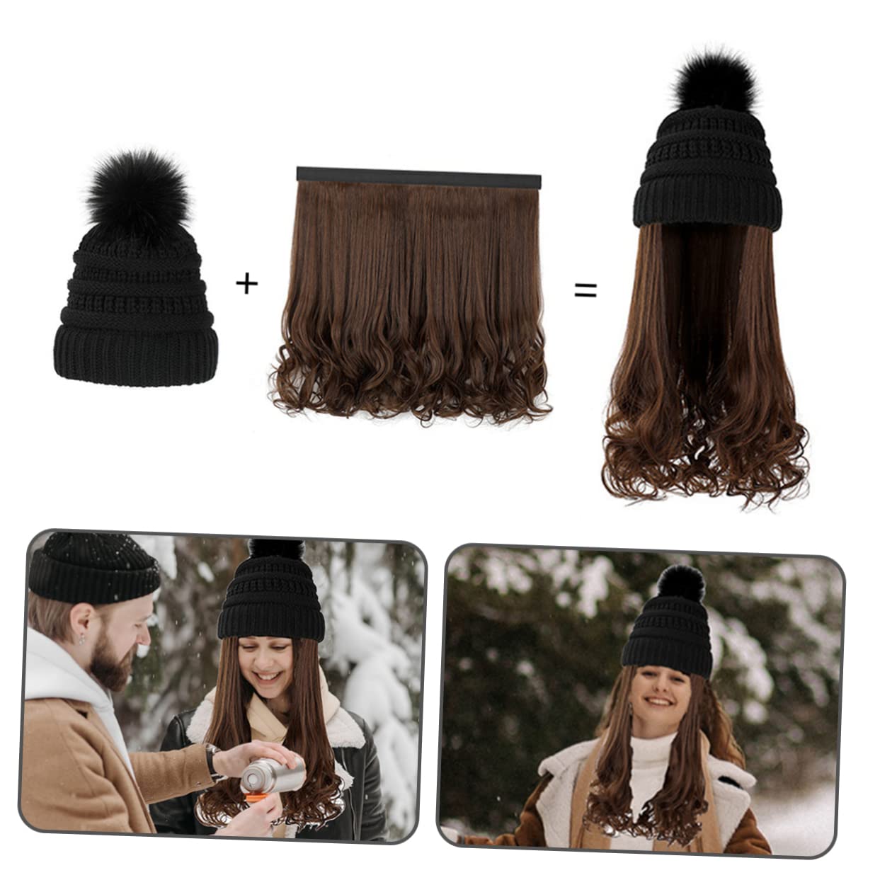 Gorro Cálido de Punto Peluca de Pelo Ondulado y Largo Talla Única Ajustable para Mujer Peluca de Cosplay para Invierno Gorro Desmontable Negro