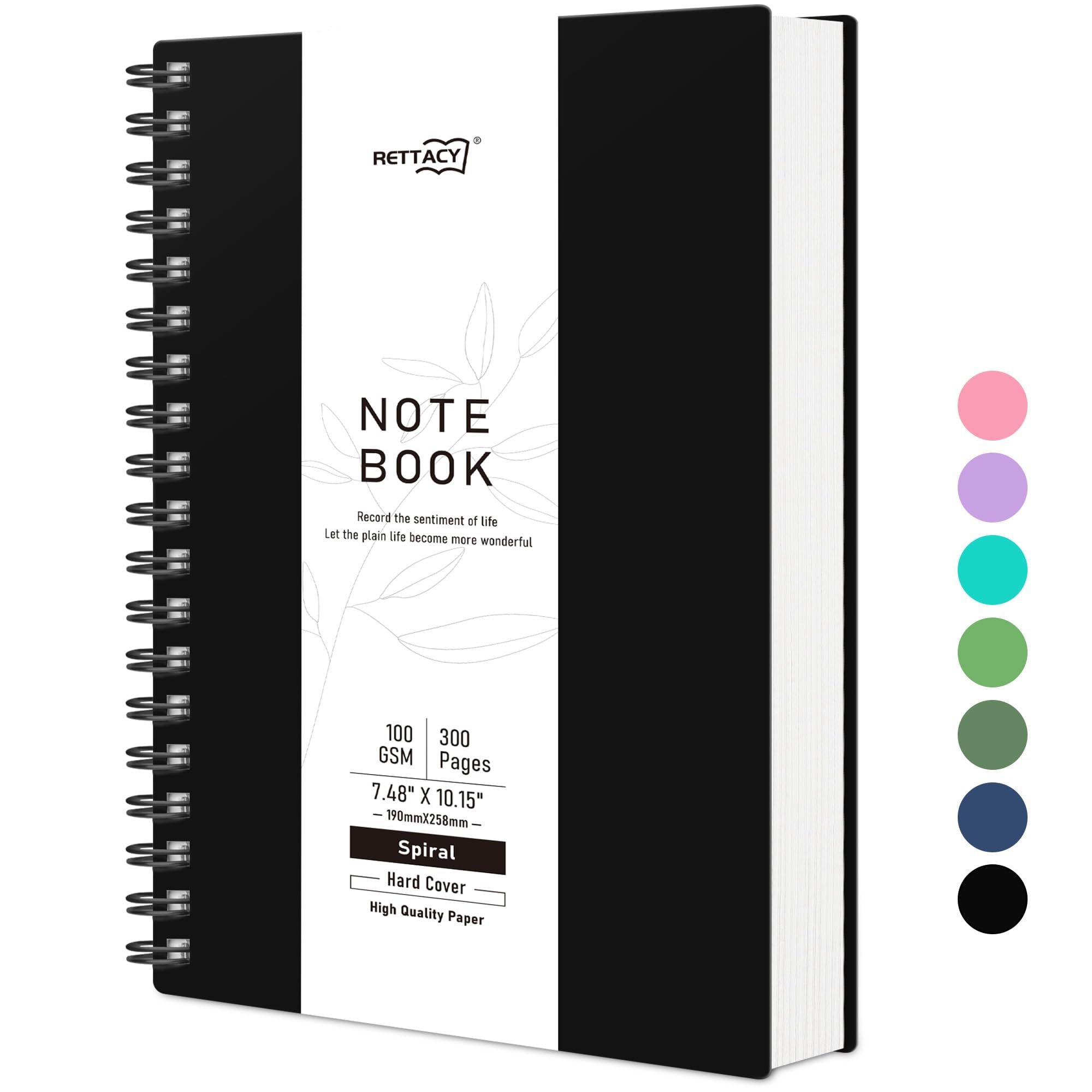 RETTACY B5 Dotted Notebook, Bullet Dot Journal, Wirebound Spiral Notebooks, 300 Sheets/150 Pages for Writing, 100 gsm, PVC Hard Cover, for Women, Men, Work, Office, School, 19 x 25 cm - Black