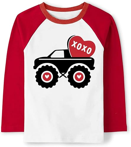 Camiseta de manga larga raglán para niños y niñas diseño de Monster Truck Heart Tops para niños pequeños