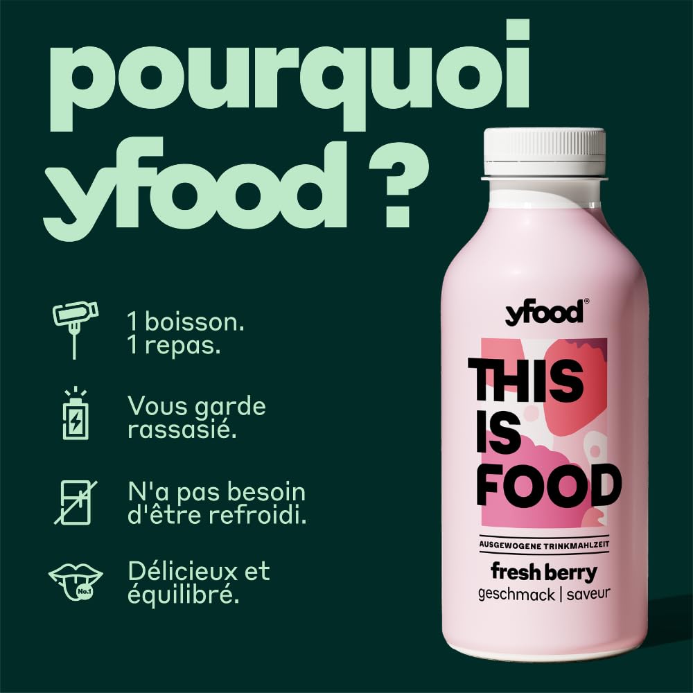 yfood repas prêt à boire, THIS IS FOOD, substitut de repas, 30 g de protéines, 26 vitamines et minéraux (12 x 500 ml) (Fresh Berry)