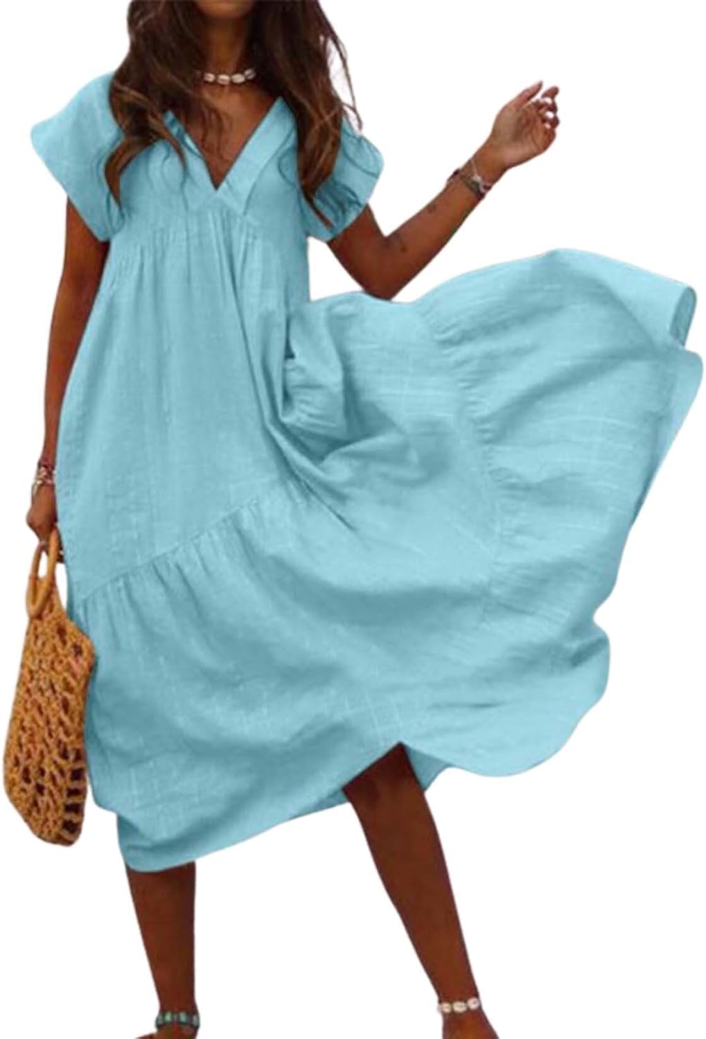Summer Cute Womens Dresses Short Sleeve Ruffle Hem Beach Loose