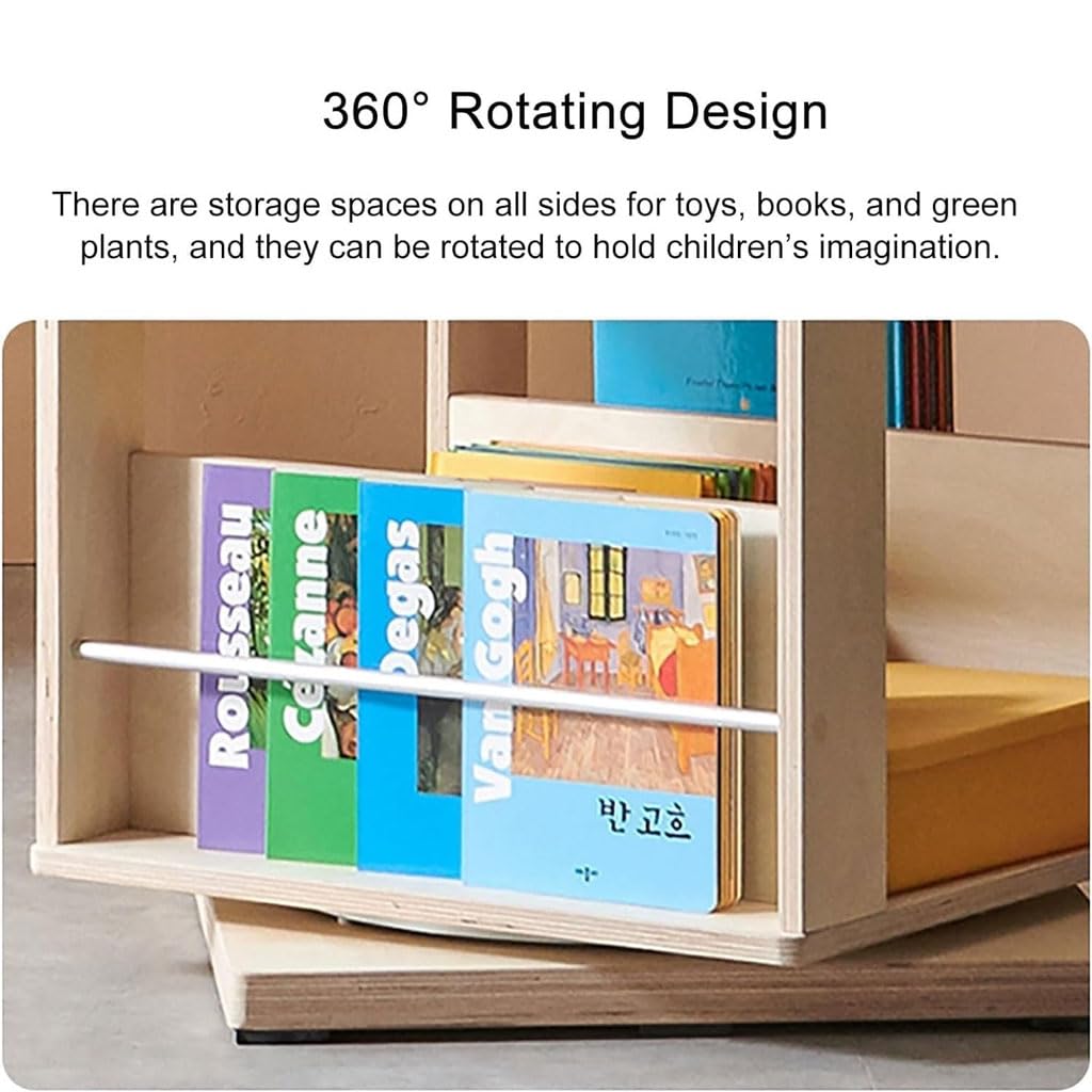 Estantería de pie giratoria de 360° de madera maciza con estante de almacenamiento multicapa para libros ilustrados infantiles