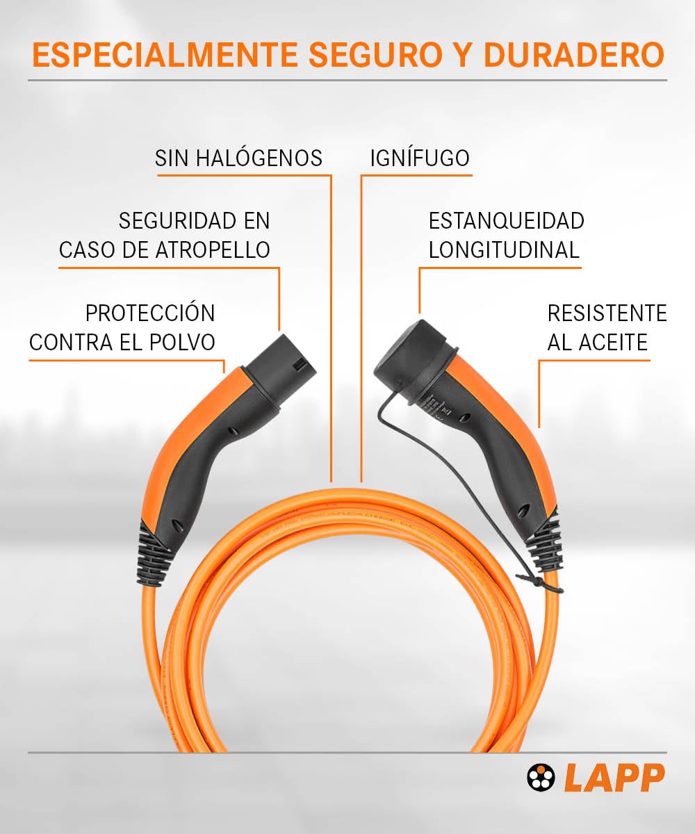 Lapp Mobility EV Cable de Carga Tipo 2, 11 kW/Liso / 20 A/Trifásico/Cable de Carga para Coches eléctricos/Modo 3 / 7m