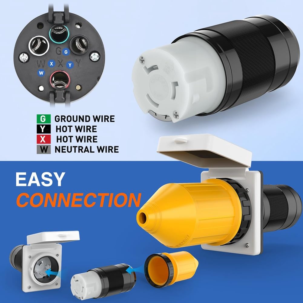 50 AMP RV Power Cord Twist Lock Connettore con copertura di bloccaggio per barca, nero e , plastica, 125/250 V, connettore femmina di bloccaggio