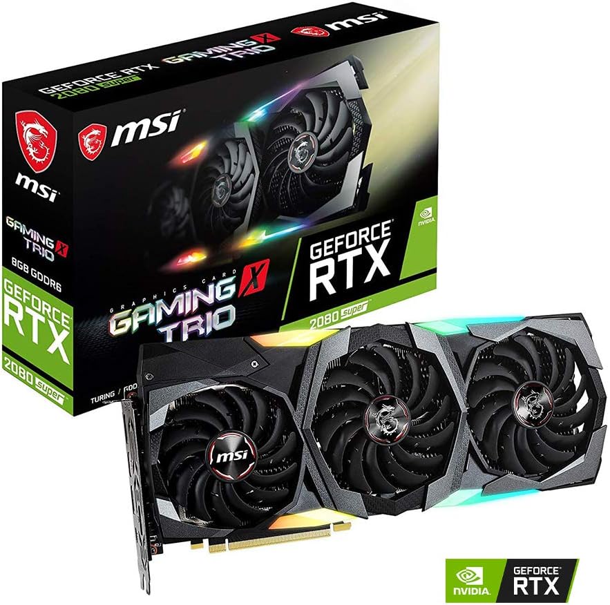 MSI NVIDIA GEFORCE RTX 2080 SUPER GAMING X TRIO Graphics Card '8GB GDDR6, 1845MHz, RGB Mystic Light, 3x DisplayPort, HDMI, Type-C, Triple Fan Cooling System'
