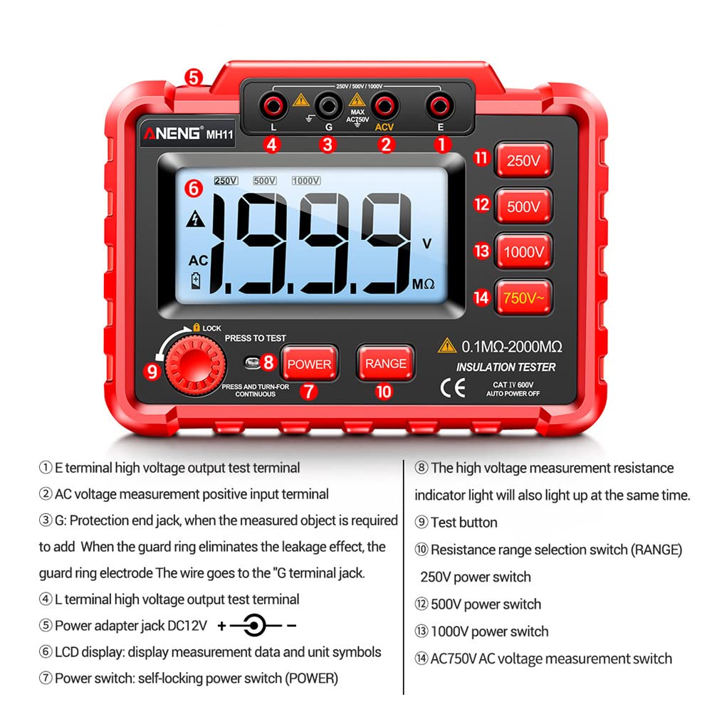 Produktbild von Peakmeter PM5203 Erdentester – Digitales Isolationsmessgerät, 50–1000 V, Mit Analogem Display, PI & DAR