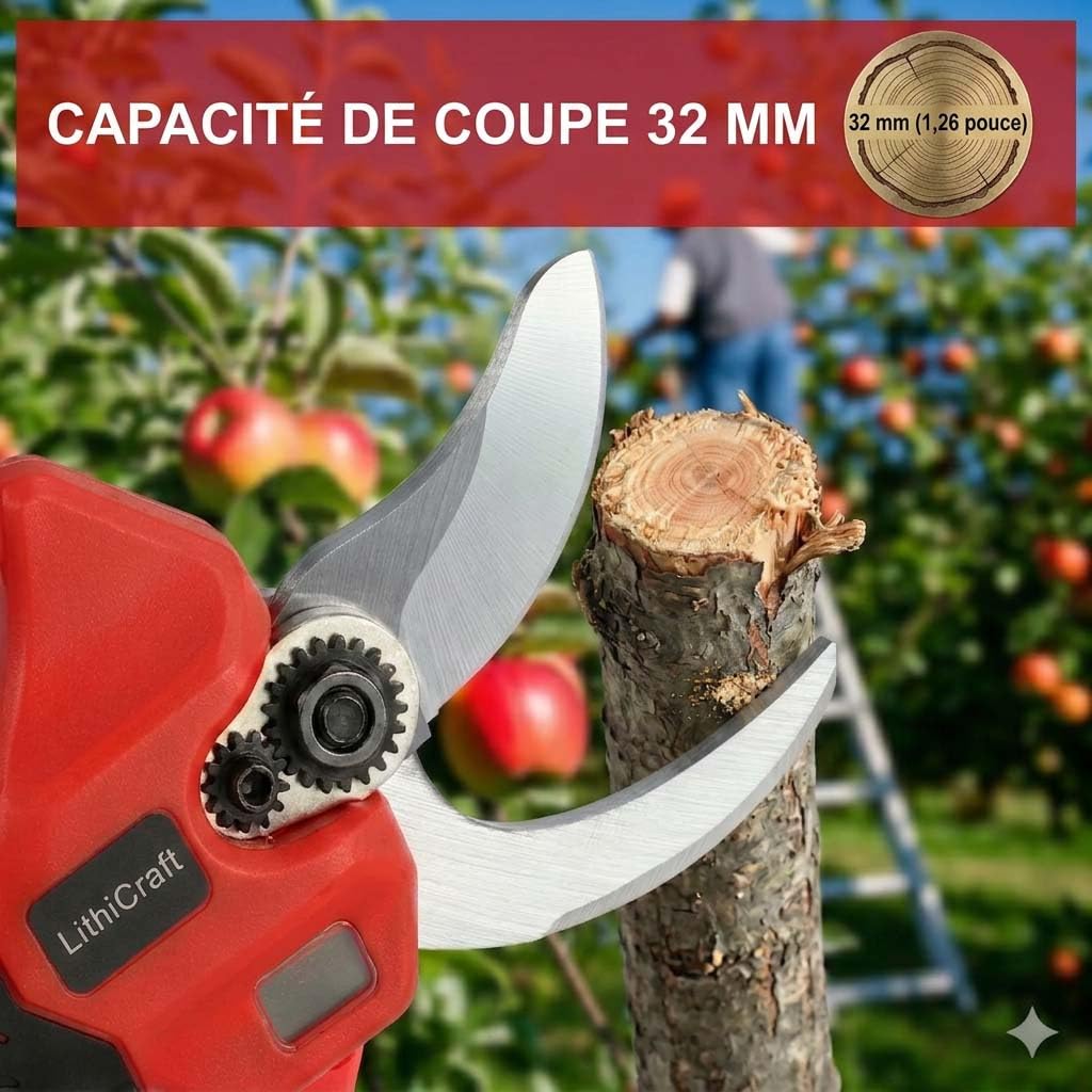 Sécateur Électrique, Sécateur Sans Fil avec 2 Batteries 2,0 Ah, Diamètre de Coupe 32 mm, Moteur Sans Balais, Écran LED avec Compteur de Coupes, pour Arbres Fruitiers, Vignes et Rosiers