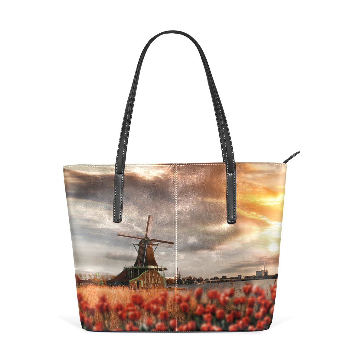 Sunset Dutch Windmill Womens Purse PU Leather Shoulder Tote Bag