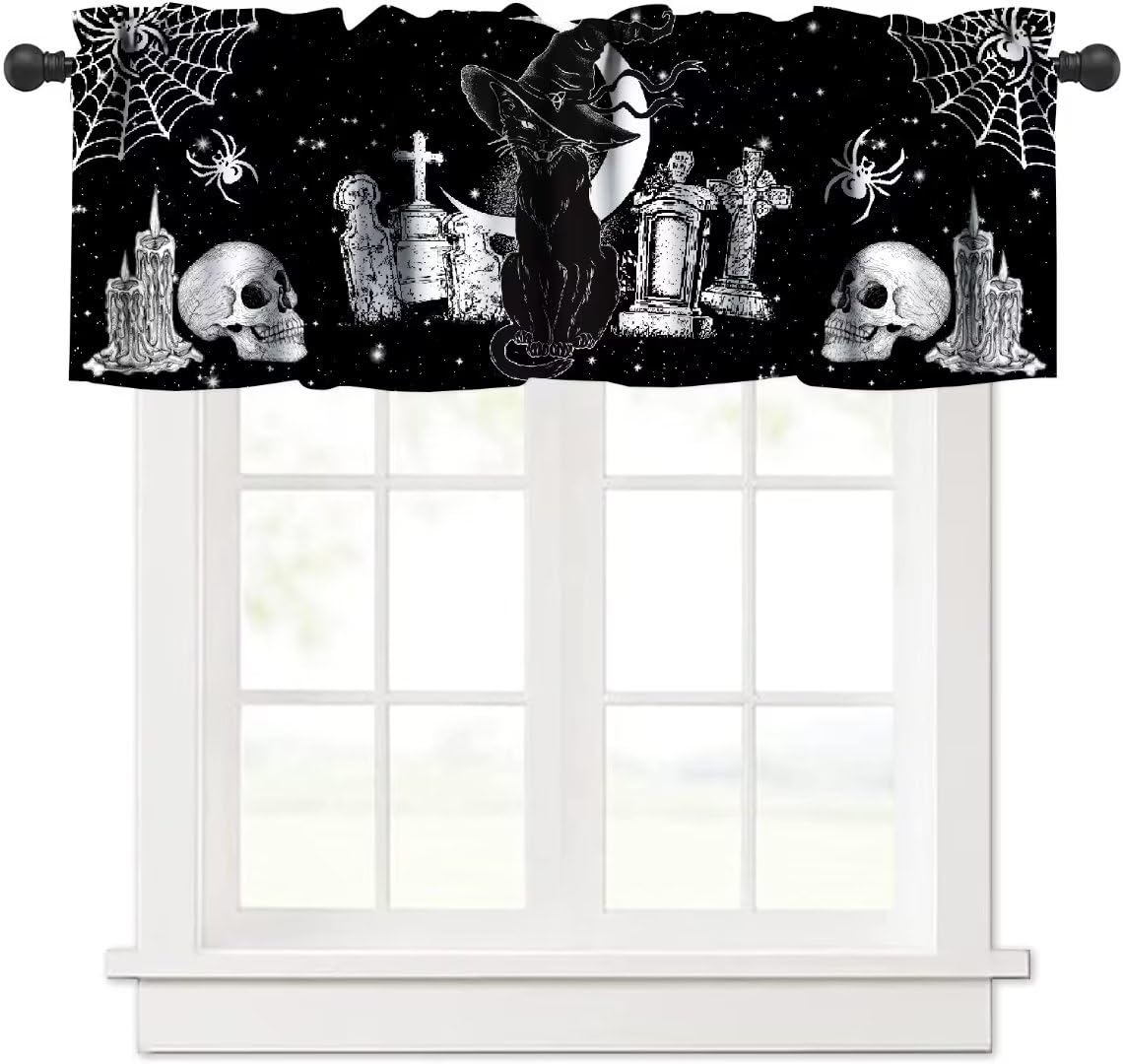 Black Witch Cat Valance, Halloween Gothic Ancient Mystic Wizard Tarot Theme Cemetery of Terror Skull Spider Print Window Valances Short Curtain for