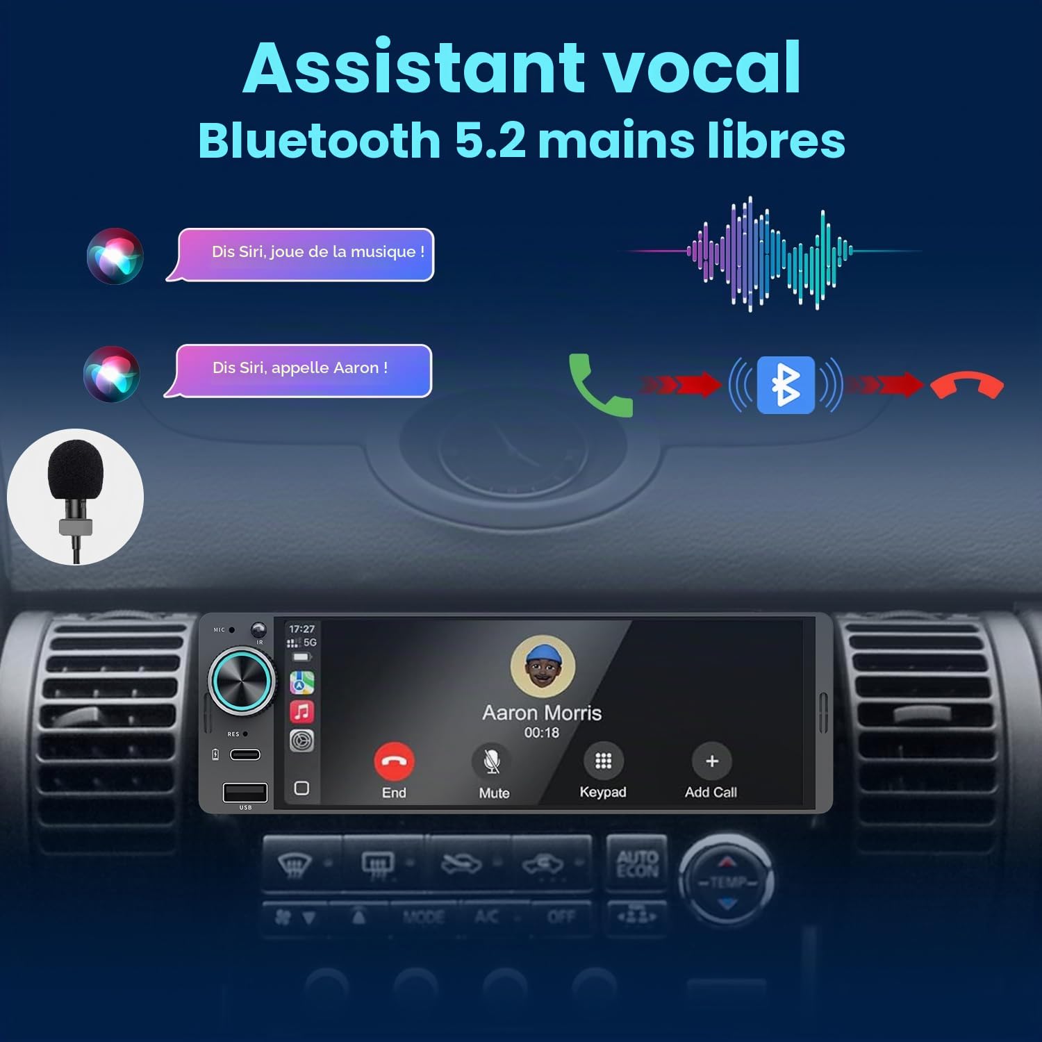 Autoradio 1 DIN avec écran Tactile (6,3") Compatible avec Apple CarPlay [Wireless] / Android Auto Bluetooth Type-C USB (Charge Rapide 3A) AM/FM RDS Radio Caméra de recul