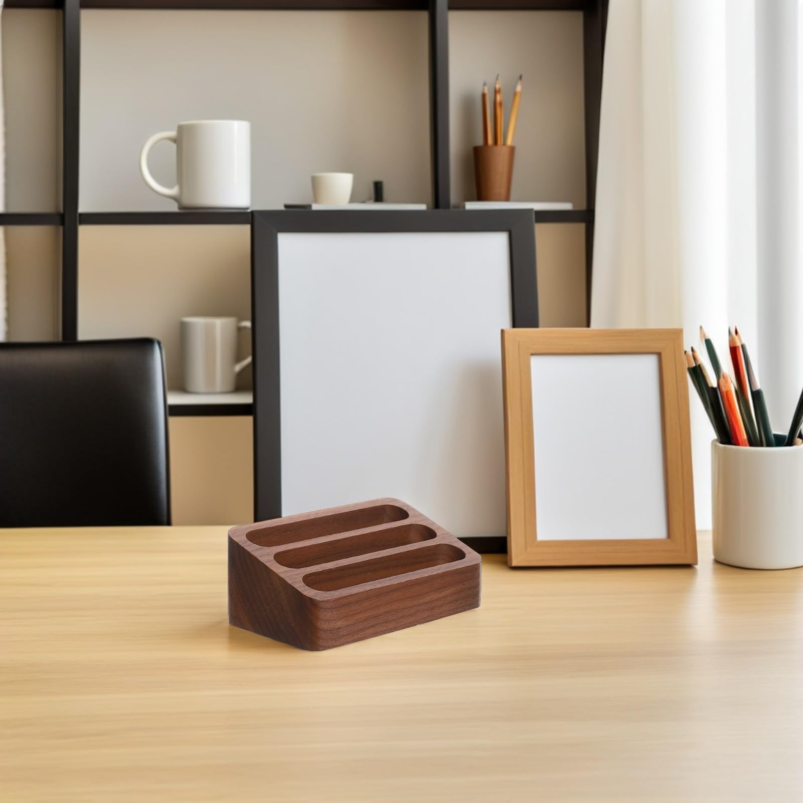 SHINEOFI 2piezas Tarjetero de Madera de Nogal Negro Estuche para Tarjetas de Visita Ranuras Pequeño Organizador para Oficina Hogar y Mesa de Escritorio