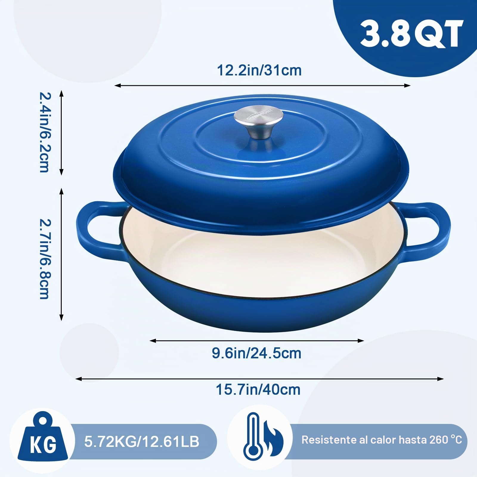 Overmont Cacerola Redonda de Hierro Fundido Esmaltado,con Tapa y Asas,Olla Antiadherente Poco Profunda,para Cocinar en Horno Plancha Cocina de Inducción,para Guisar, Paella,31cm,3.5L,Azul
