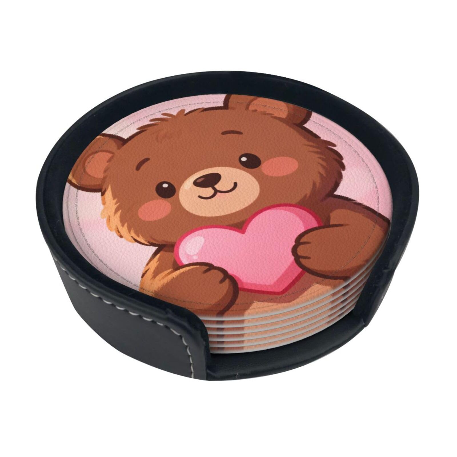 Cntdbu White Bear Heart Love Leather Coasters Set Of 6-Pu Leather Drink Mats For Table, Heat Resistant Round Coasters With Holder