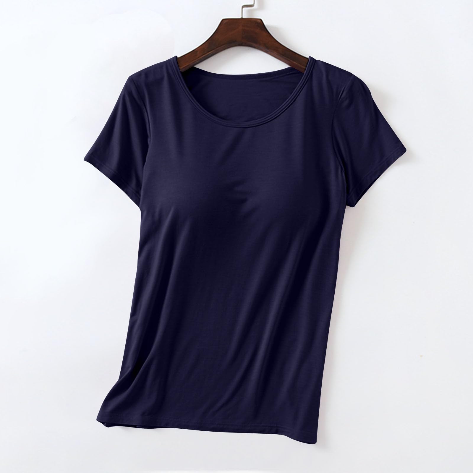 Womens Shirts with Built in Bra Short Sleeve Shirts Summer Casual Athletic Workout Yoga Shelf Bra Padded T Shirts Tops — view 3