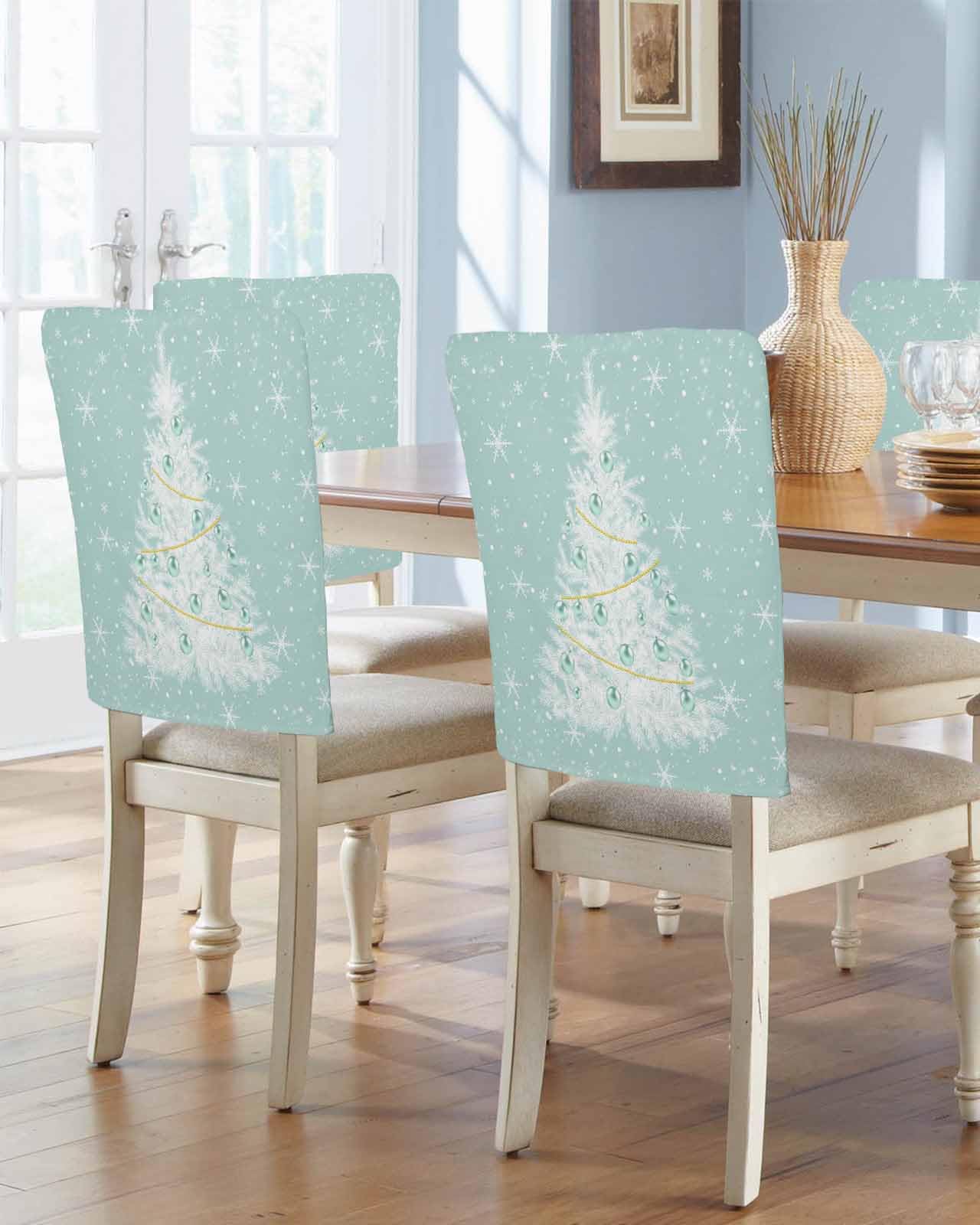 Anzona Teal Christmas Tree Chair Covers for Dining Room, Xmas Tree Snowflake Linen Polyester Back Protector, Turquoise Ball 4 Pcs for Dining Chair/Christmas Decoration, 20x19 In